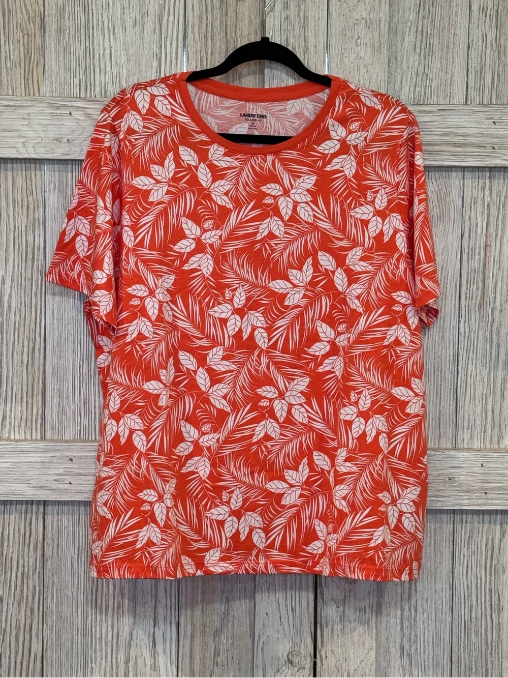 Lands' End Women's Orange Tropical Leaf Short Sleeve T-Shirt Sz 1X